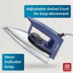 Prestige Magic Cruise 600W Dry Iron|Greblon Non-Stick Coated Sole Plate|Wide Range Of Fabric Interface|Light Weight|Neon Indicator Light|2 Year Warranty|Blue & Silver - Image 4
