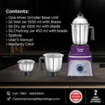 Prestige 750 Watts Prism Mixer Grinder with 3 Stainless Steel Jars| LED Power Indicator|Flow Breaker Design|Sturdy Handles| Purple and White - Image 6