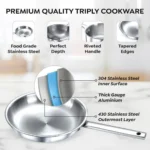 Prestige Tri-Ply Stainless Steel 3 Piece BYK Cookware Set| Fry Pan 24cm (1.7L), Kadai 24cm (2.7L) with SS Lid, Sauce Pan 16cm (1.5L)| Even Heat Distribution| Gas and Induction Compatible - Image 3