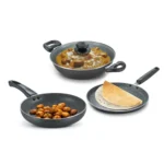 Prestige Omega Deluxe Granite 3 Piece non-stick BYK cookware set (Aluminum)|Contains Fry Pan (24cm), Omni Tawa(28cm), Kadai with lid(24cm)|Black