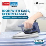 Prestige Magic Cruise 600W Dry Iron|Greblon Non-Stick Coated Sole Plate|Wide Range Of Fabric Interface|Light Weight|Neon Indicator Light|2 Year Warranty|Blue & Silver - Image 2