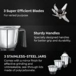 Prestige 750 Watts Prism Mixer Grinder with 3 Stainless Steel Jars| LED Power Indicator|Flow Breaker Design|Sturdy Handles| Purple and White - Image 5