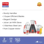 Prestige 750 Watts Nakshatra Super Mixer Grinder with 4 Jars (3 Stainless Steel Jars + 1 Juicer Jar)| Sturdy Handles| Juicer Jar with Sieve|Red and Black - Image 3